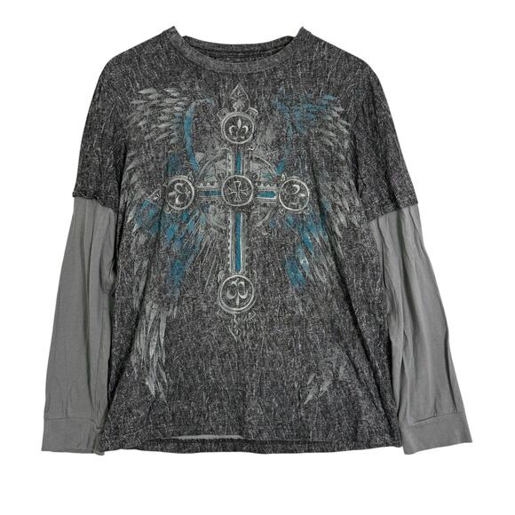 Helix T-Shirt Medium Long Sleeve Layered VTG Y2K Grunge Cross Wings Fleur de Lis - Picture 1 of 8